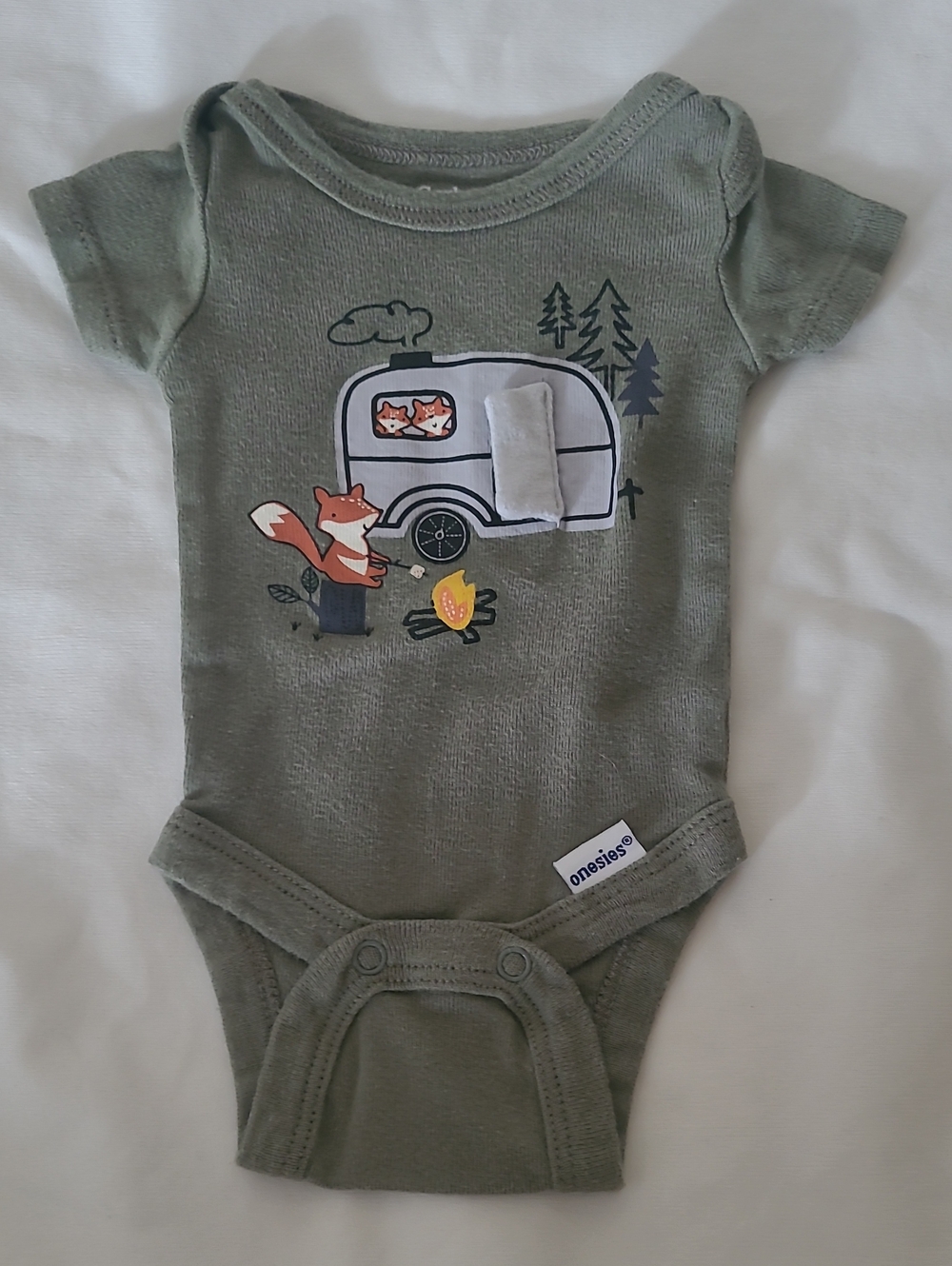 Gerber Olive Green Organic Baby Onesie with Camping Fox Print PREEMIE